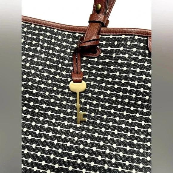 Fossil Rachel Leather Black Striped Tote Bag Purse - Picture 2 of 7